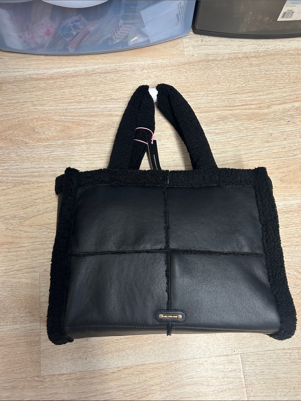 Like Dreams Black Shearling-Trim Leather Tote